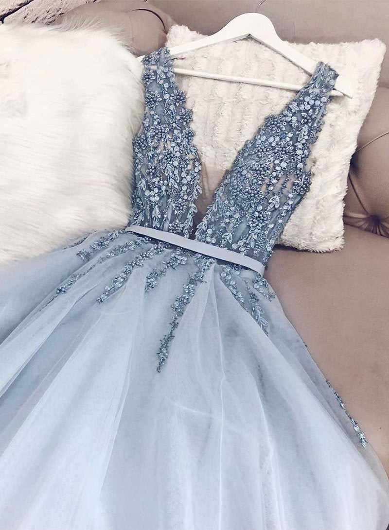 Blue V Neck Tulle Beads Long Formal Prom Dresses, Formal Evening Dresses Main image