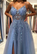 Blue V-Neck Tulle Beading Long Formal Prom Dresses, Blue Graduation Dresses