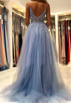 Blue V-Neck Tulle Beading Long Formal Prom Dresses, Blue Graduation Dresses