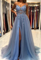 Blue V-Neck Tulle Beading Long Formal Prom Dresses, Blue Graduation Dresses