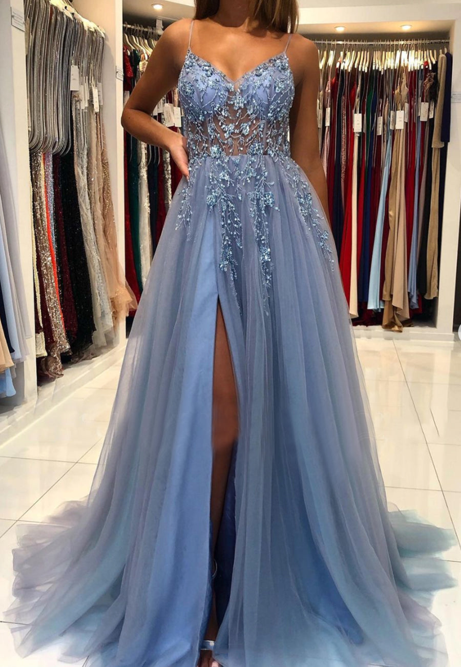 Blue V-Neck Tulle Beading Long Formal Prom Dresses, Blue Graduation Dresses