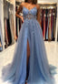 Blue V-Neck Tulle Beading Long Formal Prom Dresses, Blue Graduation Dresses