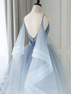 Blue V Neck Tulle Beads Short Formal Prom Dresses, Blue Tulle Formal Dresses