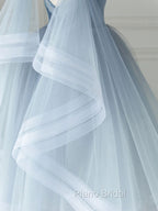 Blue V Neck Tulle Beads Short Formal Prom Dresses, Blue Tulle Formal Dresses