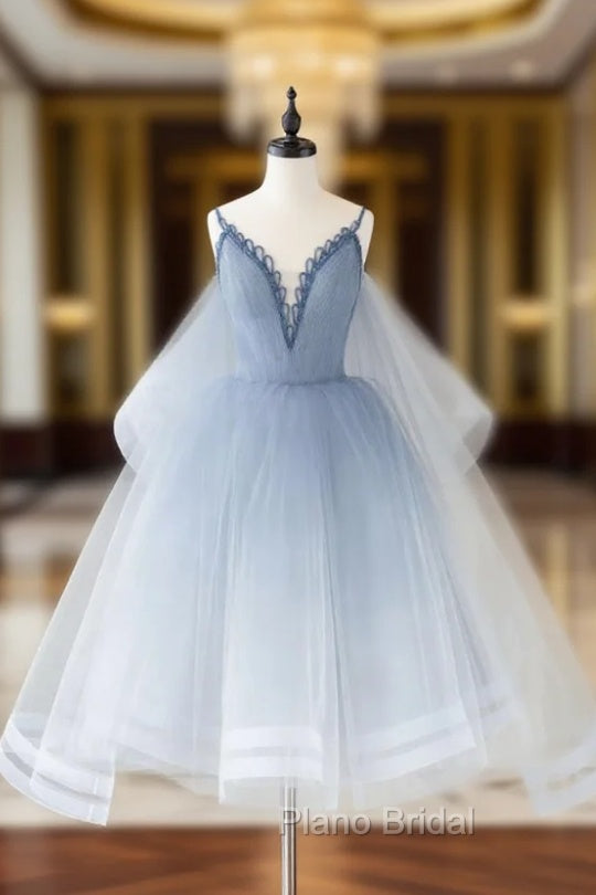 Blue V Neck Tulle Beads Short Formal Prom Dresses, Blue Tulle Formal Dresses Main image