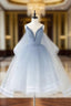 Blue V Neck Tulle Beads Short Formal Prom Dresses, Blue Tulle Formal Dresses