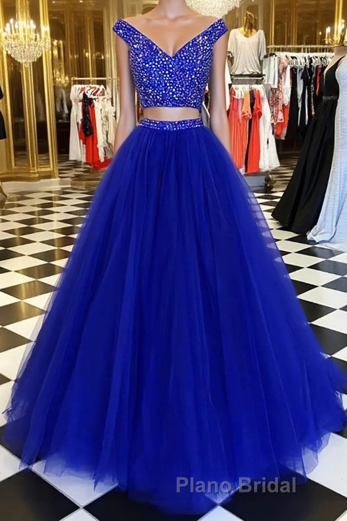 Blue v neck tulle beads two pieces long Formal Prom dress, blue evening dress