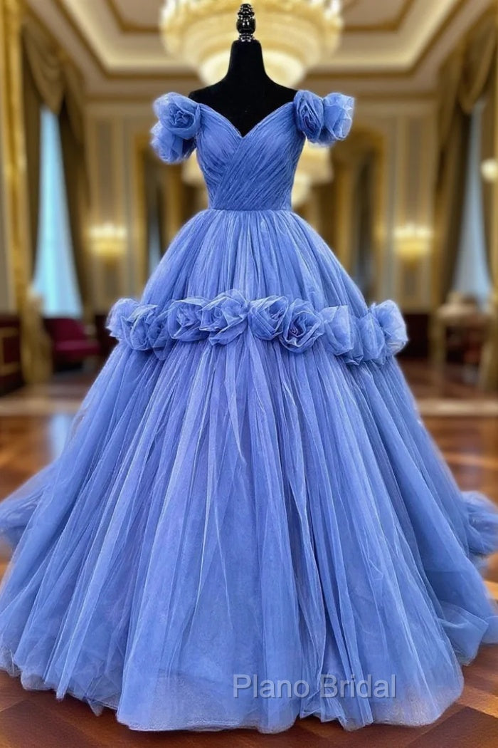 Blue V-neck Tulle Formal Dresses with Flowers, Blue Formal Dresses Sweet 16 Dresses