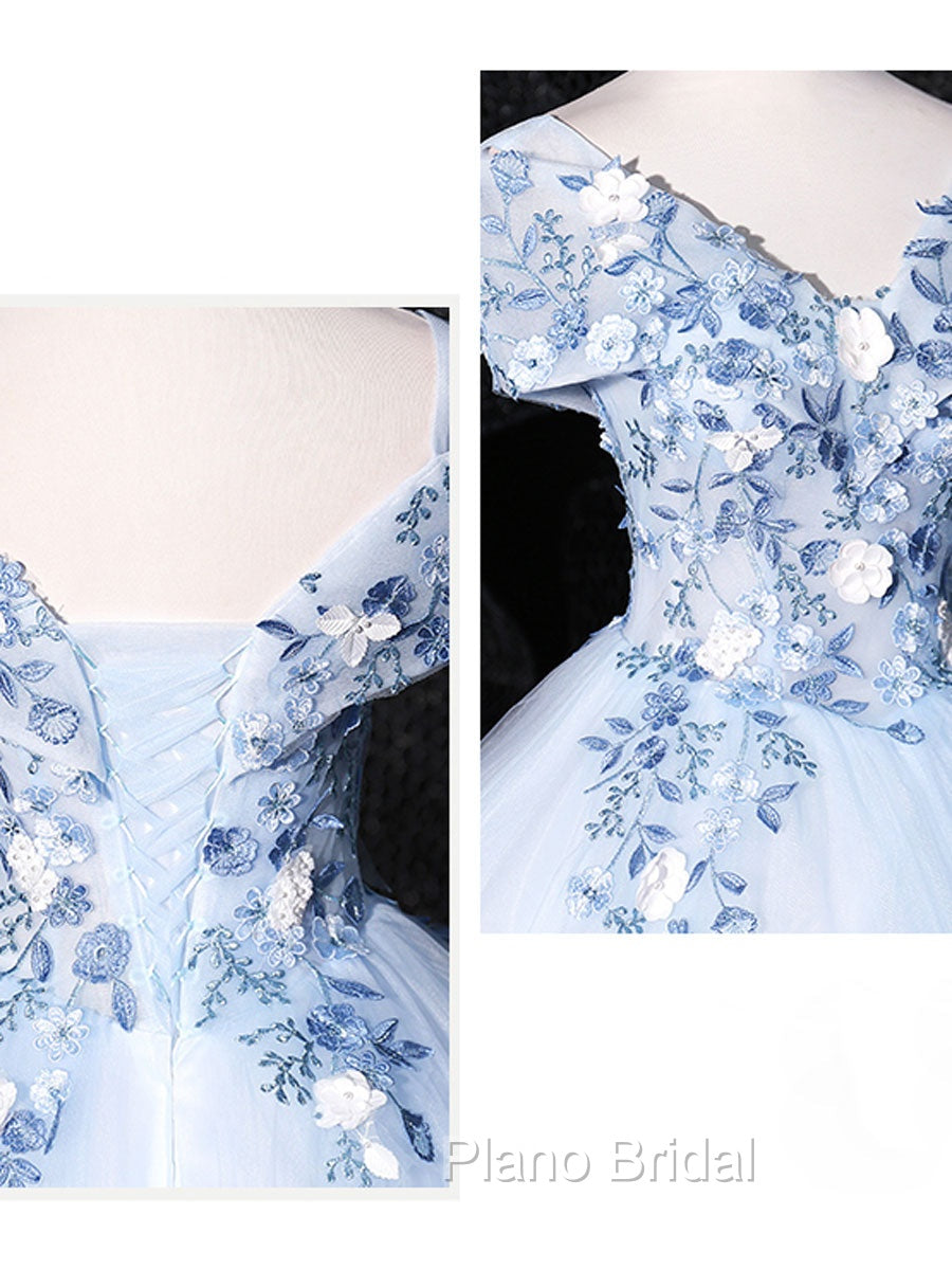 Blue V Neck Tulle Lace Long Formal Formal Prom Dresses. Blue Sweet 16 Dresses