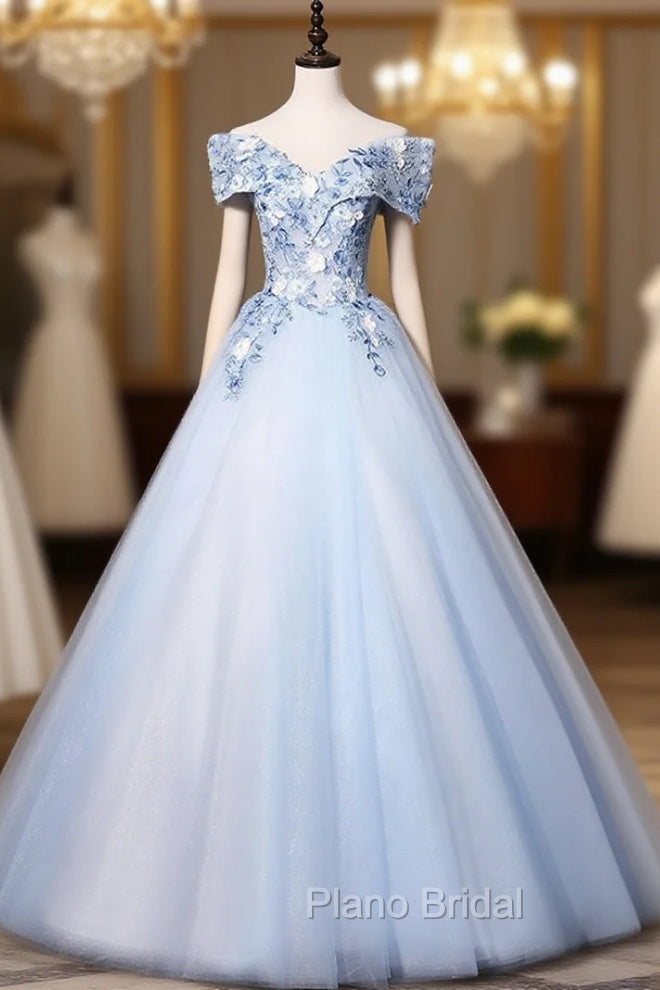 Blue V Neck Tulle Lace Long Formal Formal Prom Dresses. Blue Sweet 16 Dresses Main image