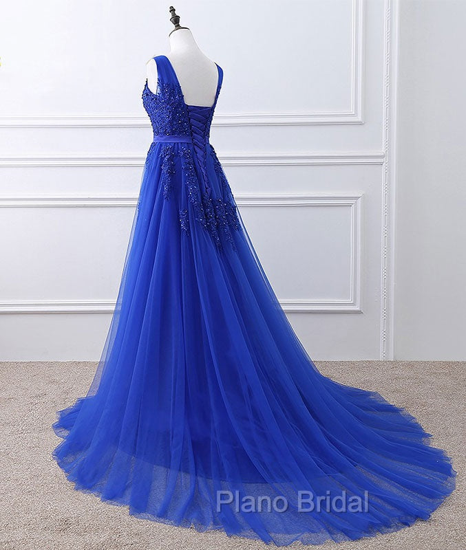 Blue V Neck Tulle Lace Long Formal Prom Dresses, Blue Evening Dresses Secondary image
