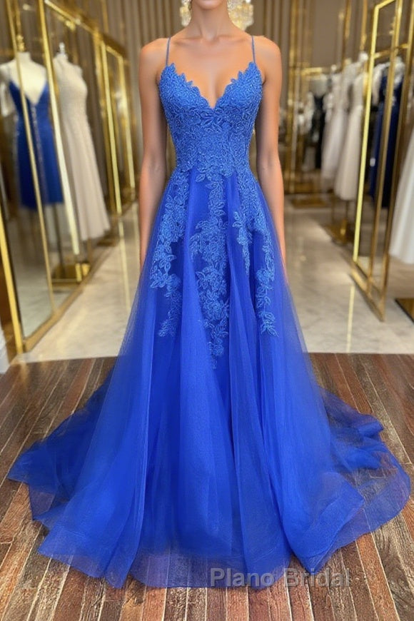 Blue v neck tulle lace long Formal Prom dress, blue lace bridesmaid dress Main image