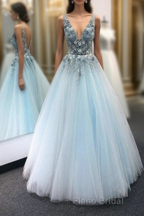 Blue v neck tulle lace long Formal Prom dress blue tulle formal dress Main image