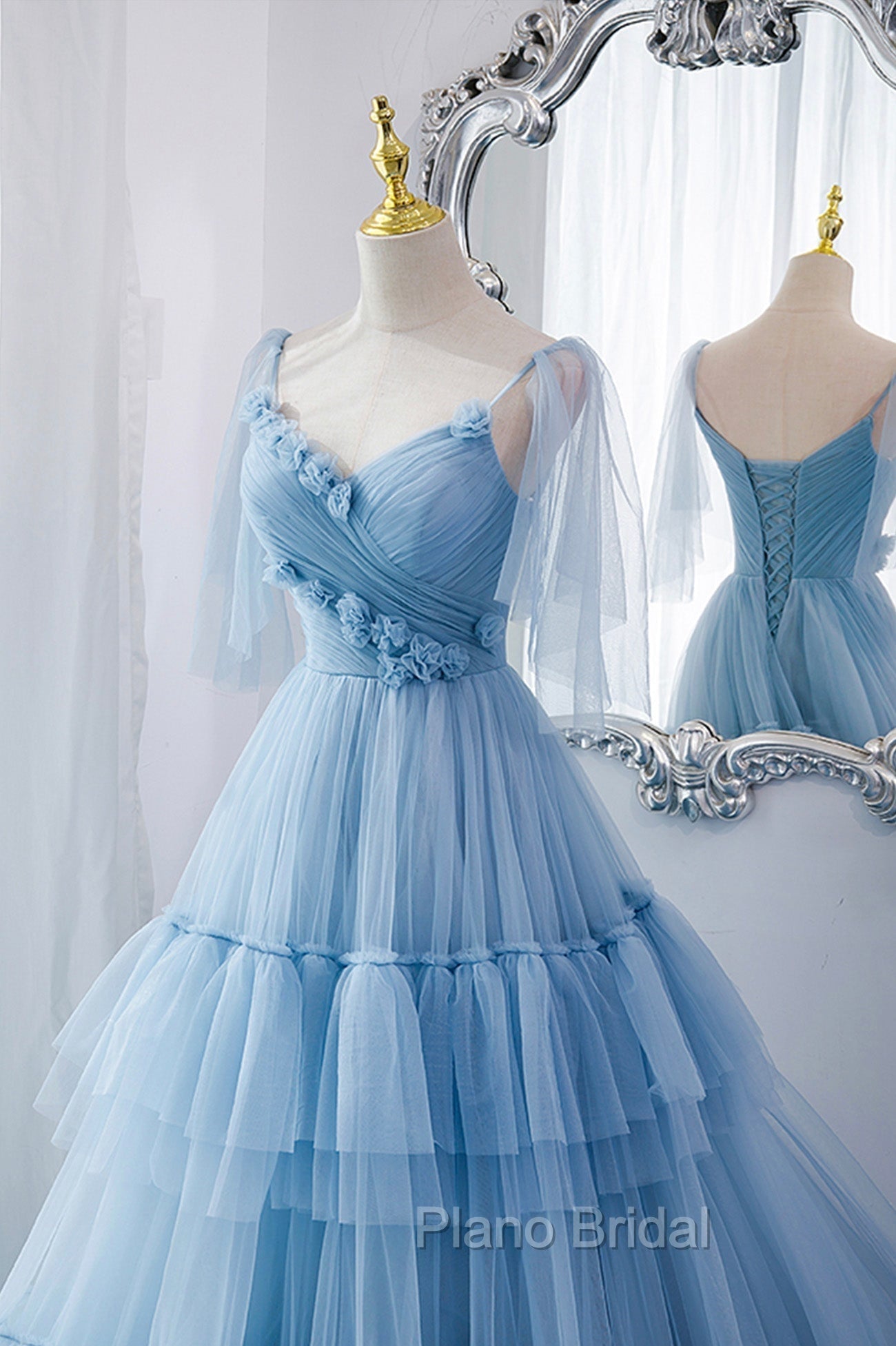 Blue V-Neck Tulle Long Formal Prom Dresses, A-Line Evening Party Dresses
