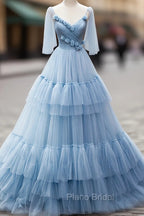 Blue V-Neck Tulle Long Formal Prom Dresses, A-Line Evening Party Dresses