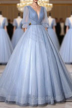 Blue V-Neck Tulle Long Formal Prom Dresses, A-Line Formal Evening Dresses