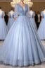 Blue V-Neck Tulle Long Formal Prom Dresses, A-Line Formal Evening Dresses