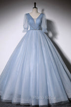 Blue V-Neck Tulle Long Formal Prom Dresses, A-Line Formal Evening Dresses