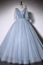 Blue V-Neck Tulle Long Formal Prom Dresses, A-Line Formal Evening Dresses