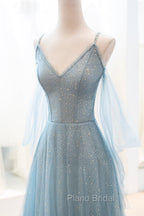 Blue V-Neck Tulle Long Formal Prom Dresses, A-Line Spaghetti Strap Evening Dresses
