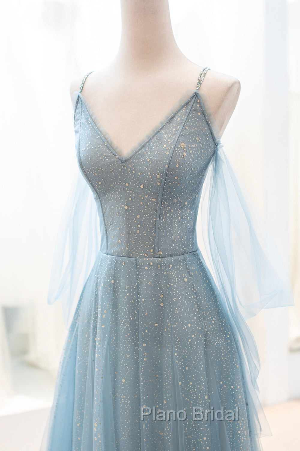 Blue V-Neck Tulle Long Formal Prom Dresses, A-Line Spaghetti Strap Evening Dresses