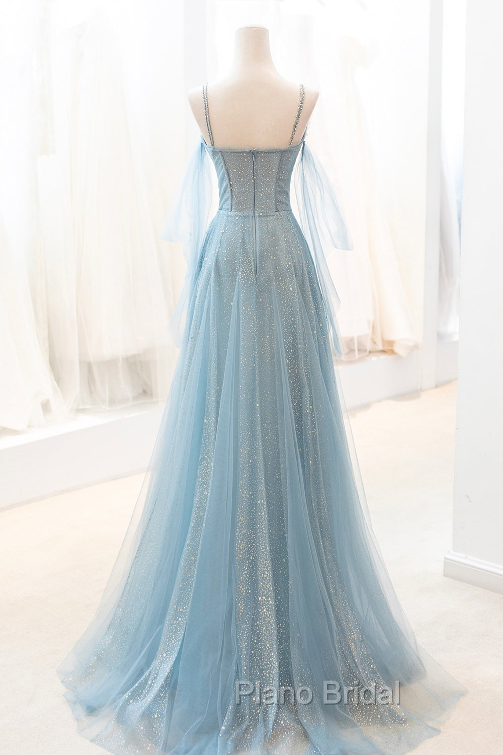 Blue V-Neck Tulle Long Formal Prom Dresses, A-Line Spaghetti Strap Evening Dresses