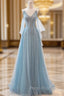 Blue V-Neck Tulle Long Formal Prom Dresses, A-Line Spaghetti Strap Evening Dresses
