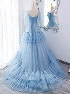 Blue v neck tulle long Formal Prom Dresses, blue tulle formal Dresses