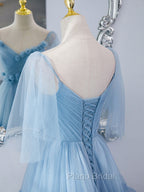 Blue v neck tulle long Formal Prom Dresses, blue tulle formal Dresses