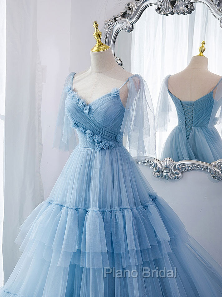 Blue v neck tulle long Formal Prom Dresses, blue tulle formal Dresses