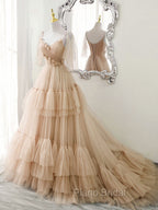 Blue v neck tulle long Formal Prom Dresses, blue tulle formal Dresses