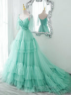 Blue v neck tulle long Formal Prom Dresses, blue tulle formal Dresses