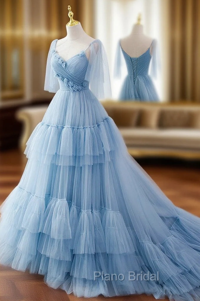 Blue v neck tulle long Formal Prom Dresses, blue tulle formal Dresses