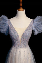 Blue V-Neck Tulle Long Formal Prom Dresses with Beaded, Elegant A-Line Formal Evening Dresses
