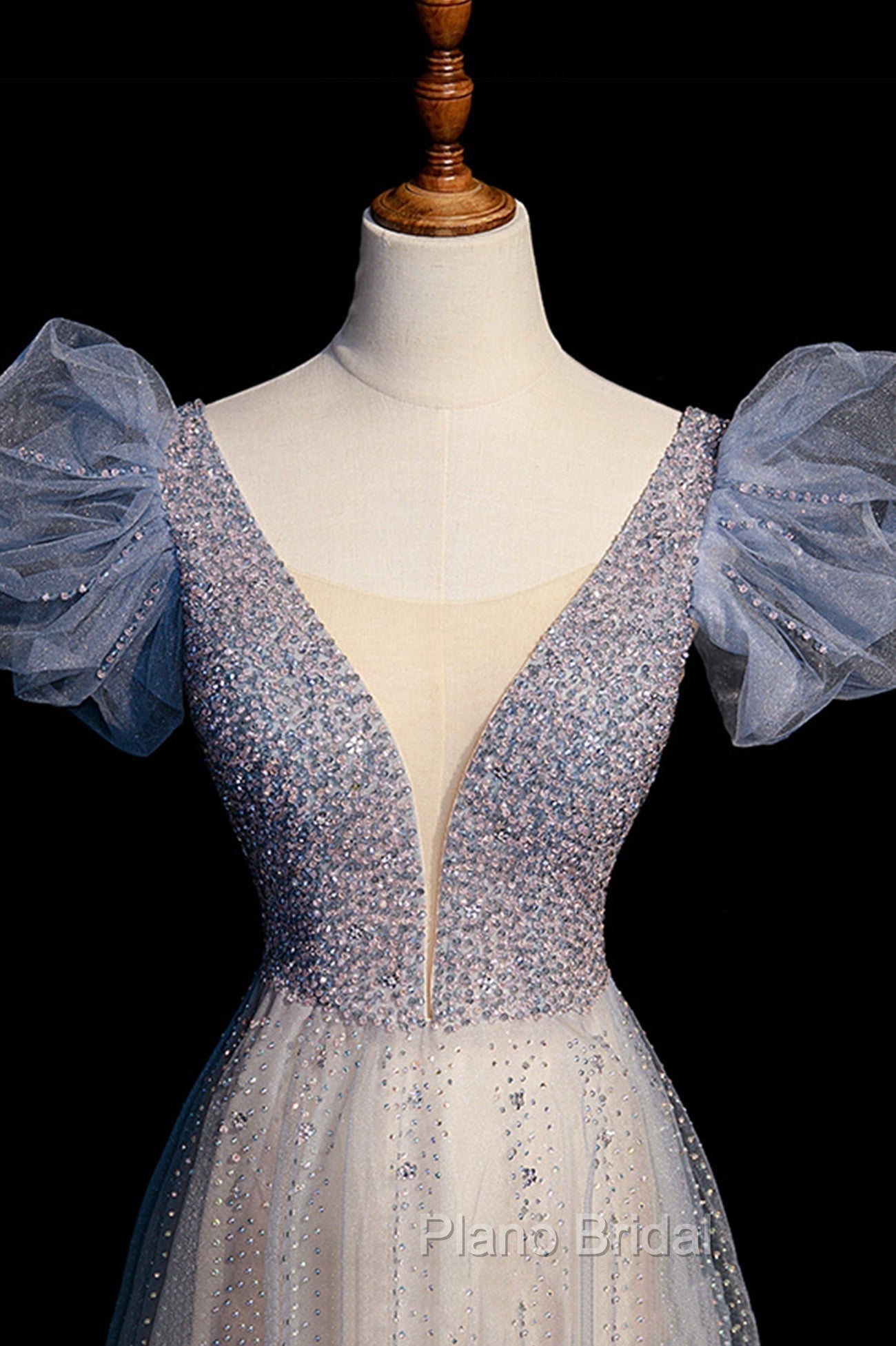 Blue V-Neck Tulle Long Formal Prom Dresses with Beaded, Elegant A-Line Formal Evening Dresses