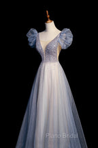 Blue V-Neck Tulle Long Formal Prom Dresses with Beaded, Elegant A-Line Formal Evening Dresses