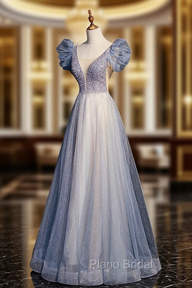 Blue V-Neck Tulle Long Formal Prom Dresses with Beaded, Elegant A-Line Formal Evening Dresses Main image