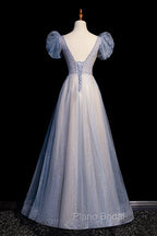 Blue V-Neck Tulle Long Formal Prom Dresses with Beaded, Elegant A-Line Formal Evening Dresses