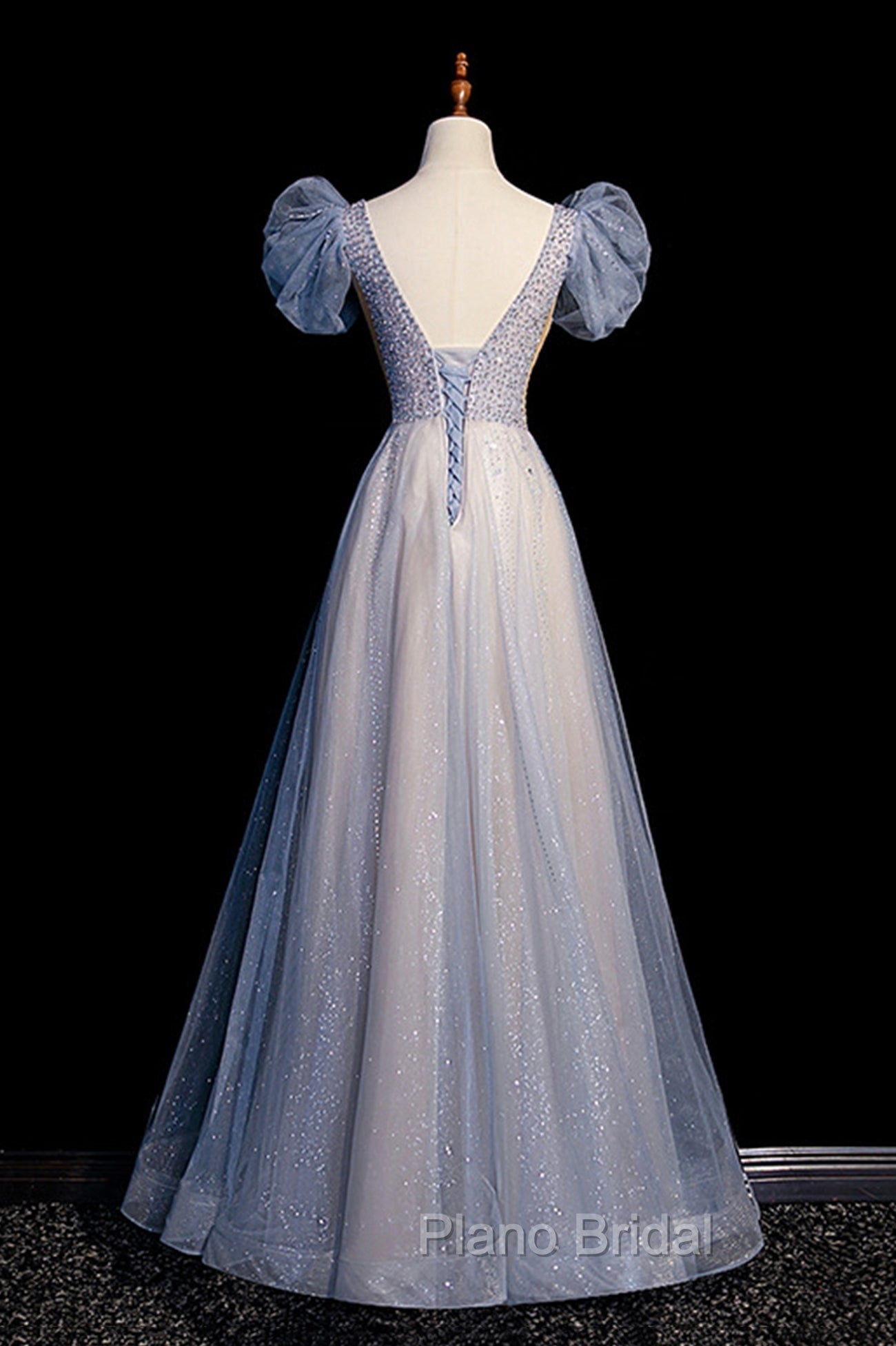 Blue V-Neck Tulle Long Formal Prom Dresses with Beaded, Elegant A-Line Formal Evening Dresses