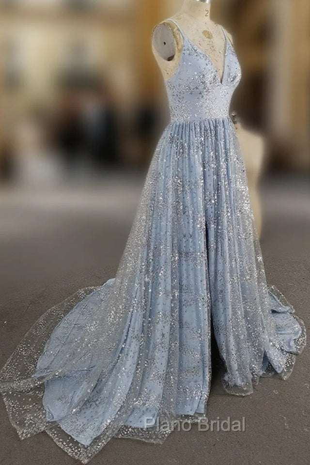 Blue V Neck Tulle Sequin Long Formal Prom Dresses, Blue Aline Formal Graduation Dresses Secondary image