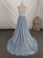 Blue V Neck Tulle Sequin Long Formal Prom Dresses, Blue Aline Formal Graduation Dresses
