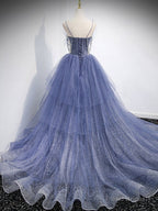 Blue v neck tulle sequin long prom dress, blue evening dress