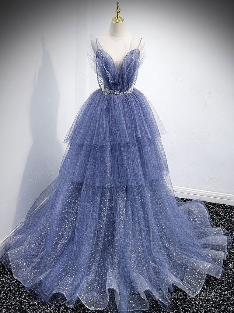 Blue v neck tulle sequin long prom dress, blue evening dress