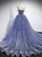 Blue V Neck Tulle Sequin Long Formal Prom Dresses, Blue Tulle Formal Dresses