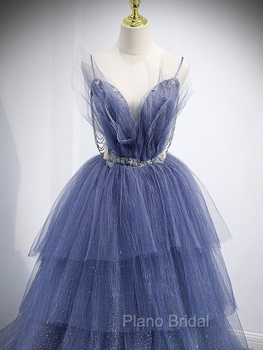Blue V Neck Tulle Sequin Long Formal Prom Dresses, Blue Tulle Formal Dresses