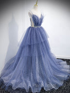 Blue V Neck Tulle Sequin Long Formal Prom Dresses, Blue Tulle Formal Dresses