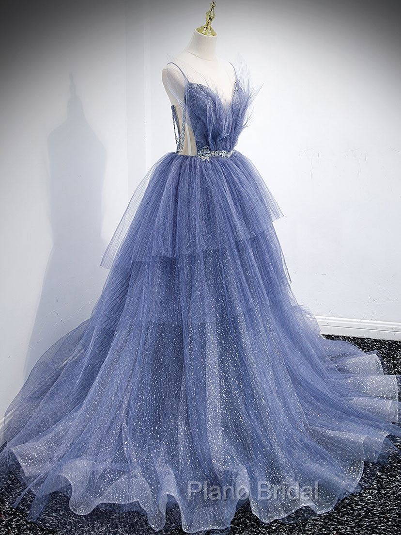 Blue V Neck Tulle Sequin Long Formal Prom Dresses, Blue Tulle Formal Dresses Secondary image