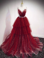 Blue V Neck Tulle Sequin Long Formal Prom Dresses, Blue Tulle Formal Dresses