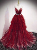 Blue V Neck Tulle Sequin Long Formal Prom Dresses, Blue Tulle Formal Dresses