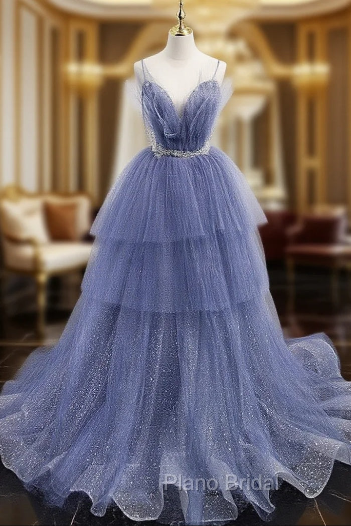 Blue V Neck Tulle Sequin Long Formal Prom Dresses, Blue Tulle Formal Dresses